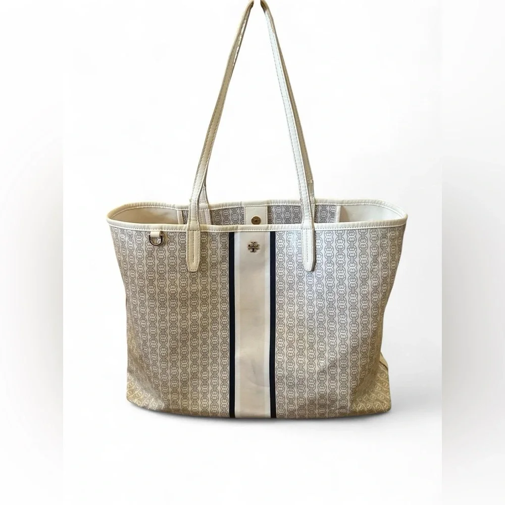 Tory Burch Gemini Link Coated Canvas Tote – White/Ivory & Gray Stripe